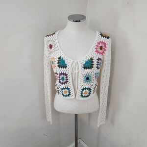 Luna Ivy Crochet Granny Square Tie Front Cardigan White XS‎